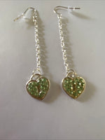 Heart Locket Green Charm Shiny Silver Plate Long Chain Dangle Earrings Pierced