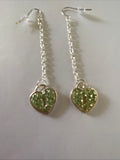 Heart Locket Green Charm Shiny Silver Plate Long Chain Dangle Earrings Pierced