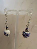 Blue & Plum Ceramic Blossom & Crystal Earrings Pierced or Clip-On