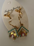 Christmas Twin Set Holly Studs House Hoop Earrings Pierced Gold Plate  Festive