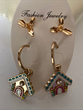 Christmas Twin Set Holly Studs House Hoop Earrings Pierced Gold Plate  Festive