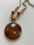 Copper Disc Pendant Brown & Amber Bead Boho  Short Necklace with Extension