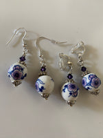 Blue & Plum Ceramic Blossom & Crystal Earrings Pierced or Clip-On