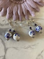 Blue & Plum Ceramic Blossom & Crystal Earrings Pierced or Clip-On