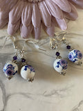 Blue & Plum Ceramic Blossom & Crystal Earrings Pierced or Clip-On