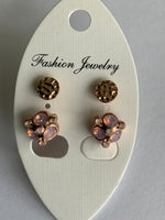 Round Rose Gold Pink  Flower shape Stud Textured Rose  Earrings Duo Set Pierced