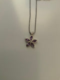 Short Chain  Necklace with Purple Stone Flower Pendant Silver Plate