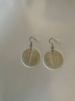 White Disc Opaque Earrings Dangles PiercedSparkly Pale Green Gold Highlights