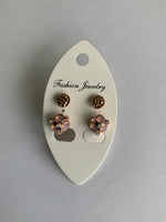 Round Rose Gold Pink  Flower shape Stud Textured Rose  Earrings Duo Set Pierced