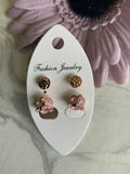 Round Rose Gold Pink  Flower shape Stud Textured Rose  Earrings Duo Set Pierced