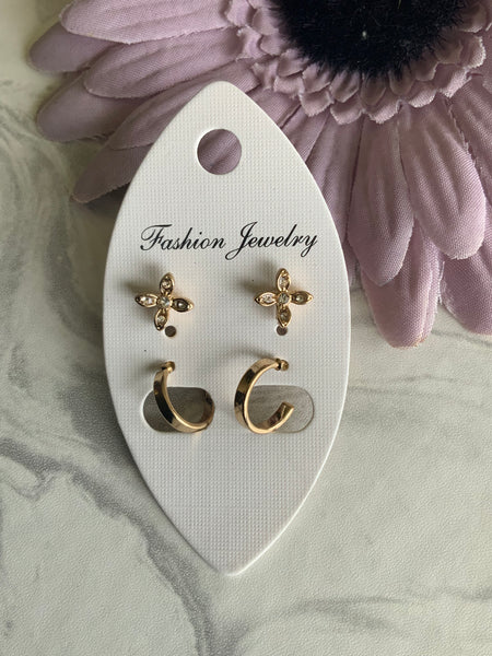 Small Gold Plated Open ended Hoops & Rhinestone Stud Earrings Duo Set Pierced