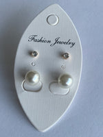 Twin Set White Pearl and Small Rhinestone Stud Earrings Duo Set Pierced