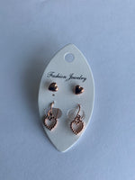 Rose GoldPlated Dangle Drop Heart with Heart Rose Stud Earrings Duo Set Pierced