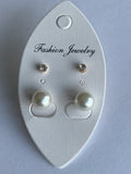 Twin Set White Pearl and Small Rhinestone Stud Earrings Duo Set Pierced