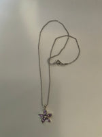 Short Chain  Necklace with Purple Stone Flower Pendant Silver Plate