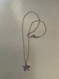 Short Chain  Necklace with Purple Stone Flower Pendant Silver Plate