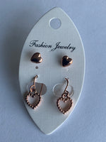 Rose GoldPlated Dangle Drop Heart with Heart Rose Stud Earrings Duo Set Pierced