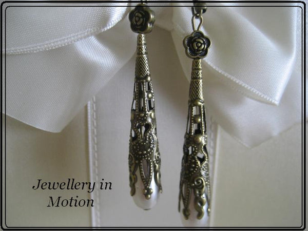 Vintage Style Long Filigree & Cream Teardrop Pearl Earrings Pierced or Clip-On