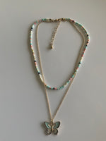 Double Strand Beaded in Pastel Colours  & Chain  Necklace with Butterfly Charm