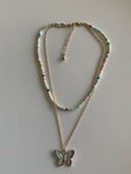 Double Strand Beaded in Pastel Colours  & Chain  Necklace with Butterfly Charm