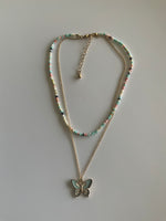 Double Strand Beaded in Pastel Colours  & Chain  Necklace with Butterfly Charm