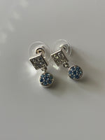 Small Dangle Rhinestone Double Drop Pierced Earrings Square & Clear & Round Blue