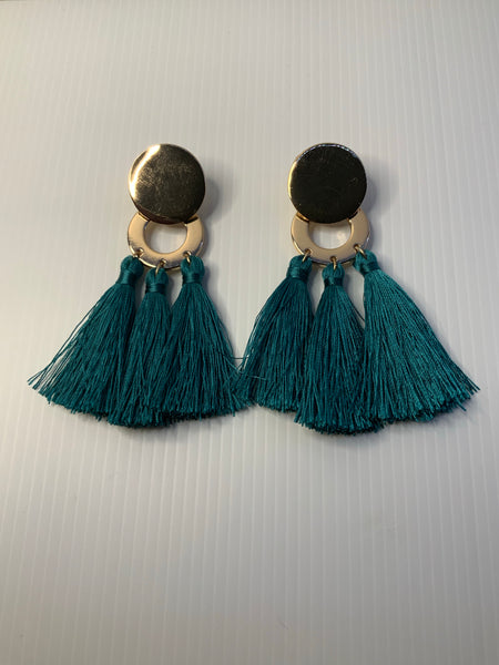 Tassel Long Dangle Earrings - Dark Teal & Gold tone Pierced