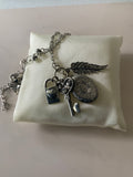 Silver Plate Long Necklace Cluster Charms Key Lock Leaf with Photo Pendant opens