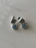 Small Dangle Rhinestone Double Drop Pierced Earrings Square & Clear & Round Blue