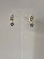 Small Dangle Rhinestone Double Drop Pierced Earrings Square & Clear & Round Blue