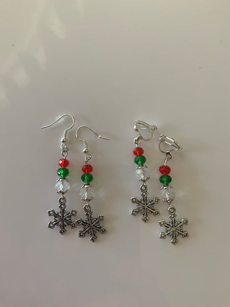 Silver Tone Snowflake Charm Dangle Crystals Red, Green & Clear Earrings Pierced or Clip-On  avail