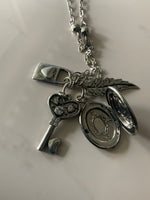 Silver Plate Long Necklace Cluster Charms Key Lock Leaf with Photo Pendant opens