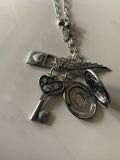 Silver Plate Long Necklace Cluster Charms Key Lock Leaf with Photo Pendant opens