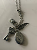 Silver Plate Long Necklace Cluster Charms Key Lock Leaf with Photo Pendant opens