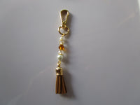 Handbag dangle, Key ring Dangle ~Tan / Brown Tassel Crystals