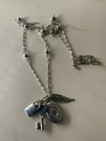 Silver Plate Long Necklace Cluster Charms Key Lock Leaf with Photo Pendant opens