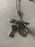 Silver Plate Long Necklace Cluster Charms Key Lock Leaf with Photo Pendant opens