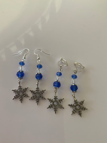 Silver Tone Snowflake Charm Dangle Crystals blue & Crystal Clear  Earrings Pierced or Clip-On  avail