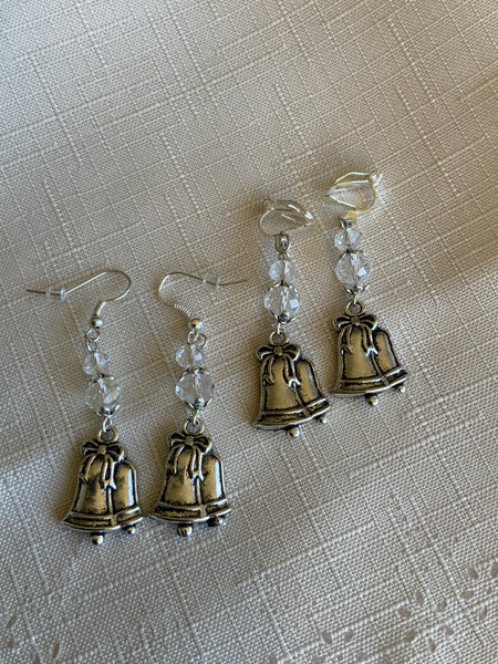 Silver Tone Double Bell Charm Dangle  Earrings Clear Crystals  Hook, Lever Pierced or Clip-on