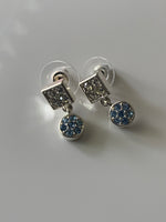 Small Dangle Rhinestone Double Drop Pierced Earrings Square & Clear & Round Blue