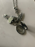 Silver Plate Long Necklace Cluster Charms Key Lock Leaf with Photo Pendant opens