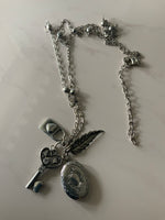 Silver Plate Long Necklace Cluster Charms Key Lock Leaf with Photo Pendant opens