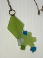 Statement Long Fine Link Necklace Green Teal Opaque Pendant Cluster